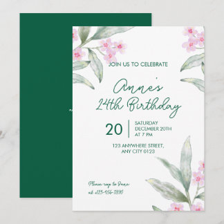 Invitación de cumpleaños número 24 con flores rosa