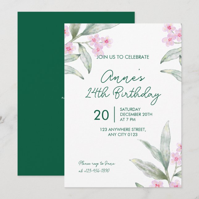 Invitación de cumpleaños número 24 con flores rosa (Anverso / Reverso)