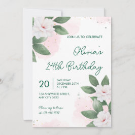 Invitación de cumpleaños número 24 floral blanca e