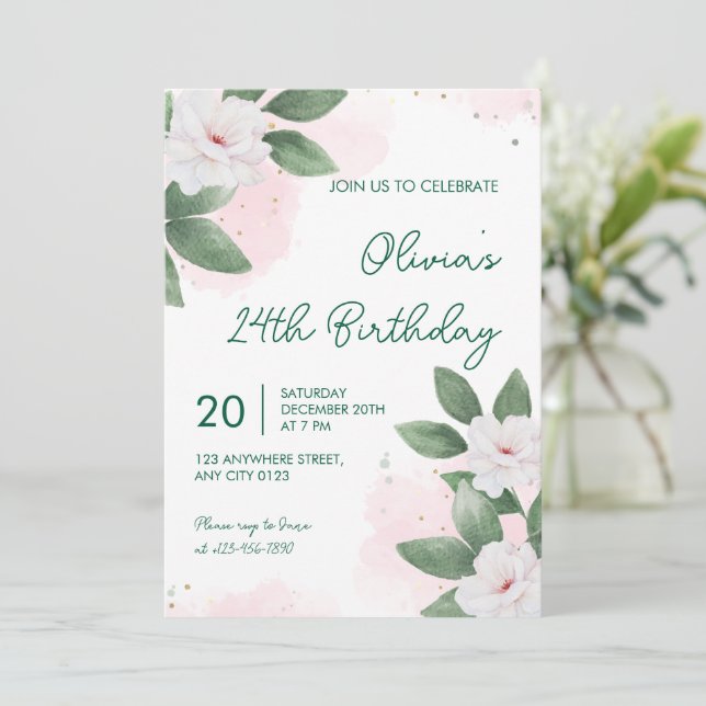 Invitación de cumpleaños número 24 floral blanca e (Anverso de pie)