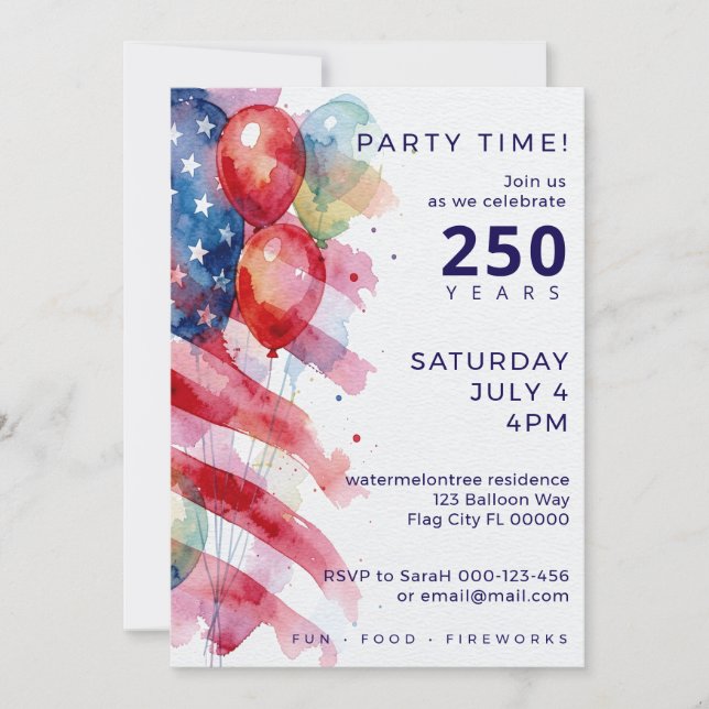 Invitación de cumpleaños número 250 al 4 de julio  (Anverso)