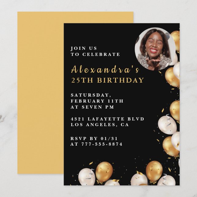 invitación de cumpleaños número 25 Foto Globo Negr (Anverso / Reverso)