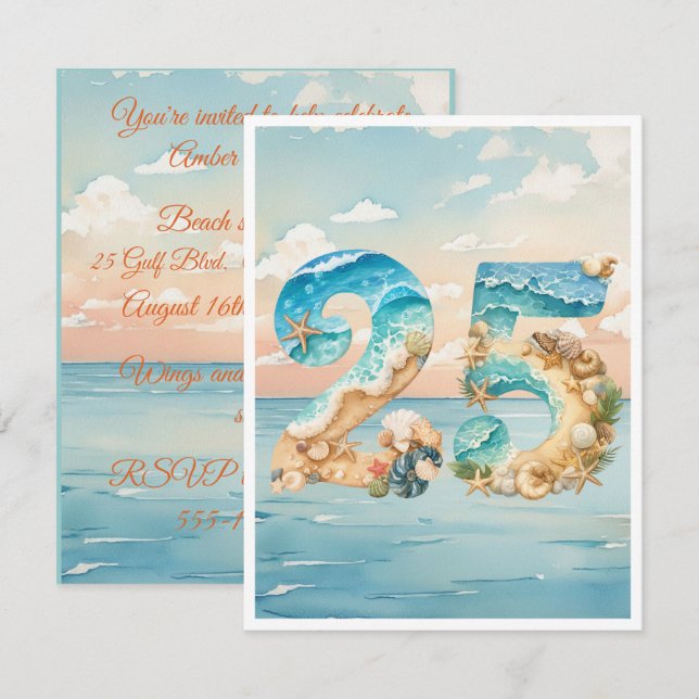 Invitación de cumpleaños número 25 tema océano des (Anverso / Reverso)