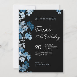 Invitación de cumpleaños número 27 de flores azule