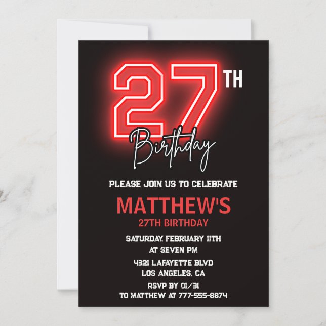 invitación de cumpleaños número 27 Neon Black homb (Anverso)