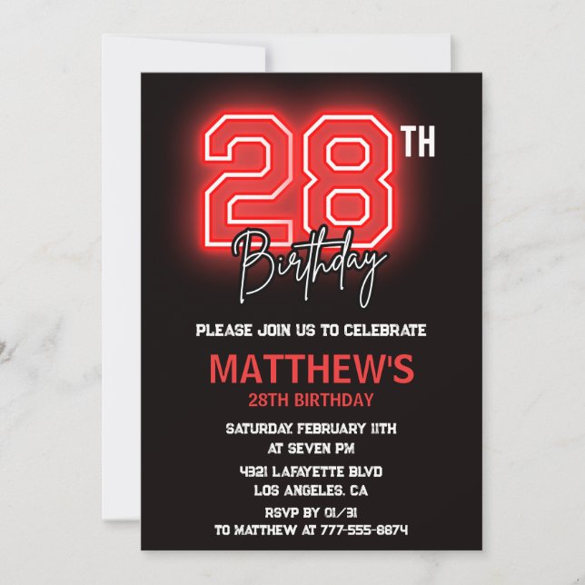 invitación de cumpleaños número 28 Neon Black para (Anverso)