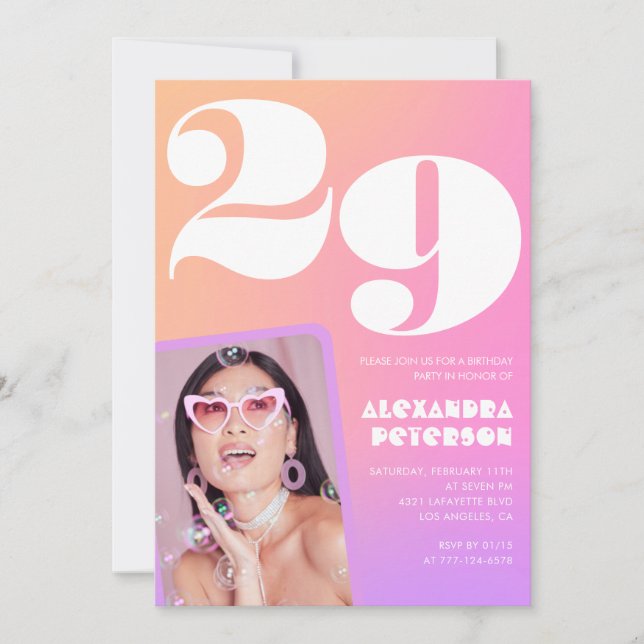 Invitación de cumpleaños número 29 con gradiente r (Anverso)
