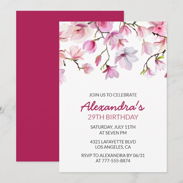 Invitación de cumpleaños número 29 floral Acuarela (Anverso / Reverso)