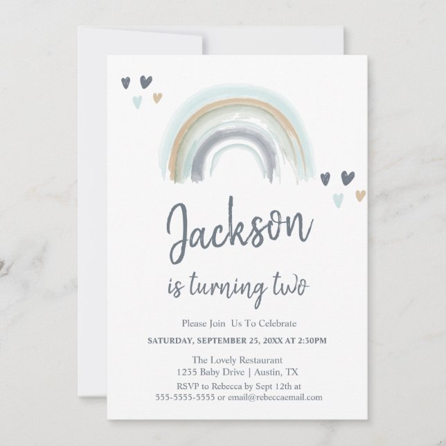 Invitación de cumpleaños número 2 azul boho arcoír (Anverso)