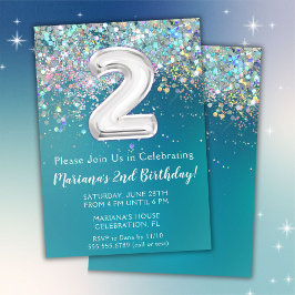 Invitación de cumpleaños número 2 con brillo teal 