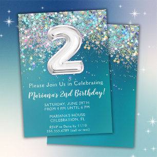 Invitación de cumpleaños número 2 con brillo teal 