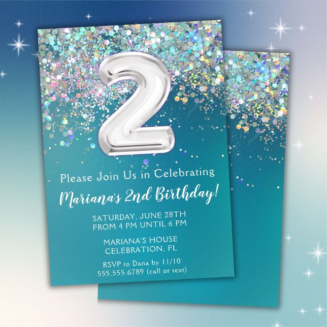 Invitación de cumpleaños número 2 con brillo teal  (Subido por el creador)