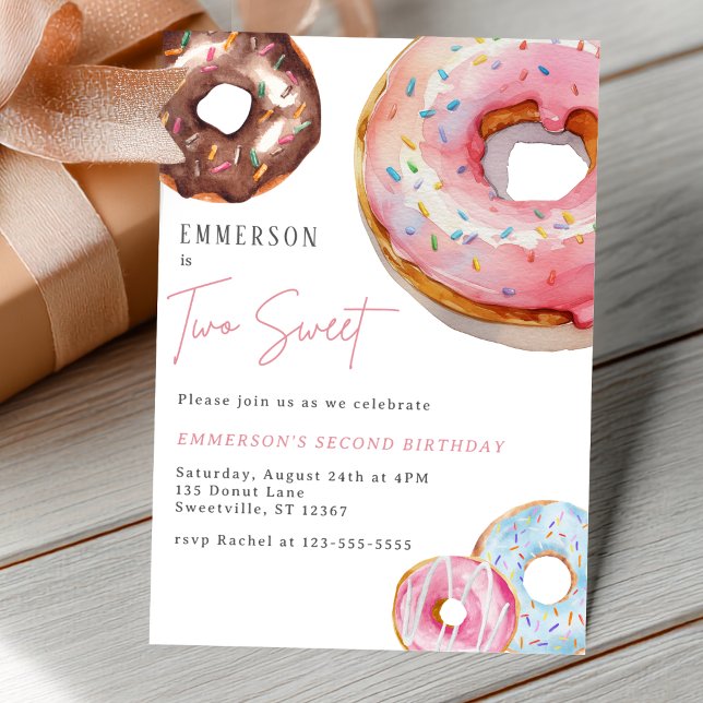 Invitación de cumpleaños número 2 con donut de acu (Two Sweet Watercolor Donut 2nd Birthday Invitation Postcard)