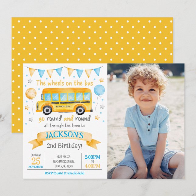 Invitación de cumpleaños número 2 con foto de auto (Anverso / Reverso)