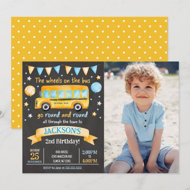Invitación de cumpleaños número 2 con foto de auto (Anverso / Reverso)