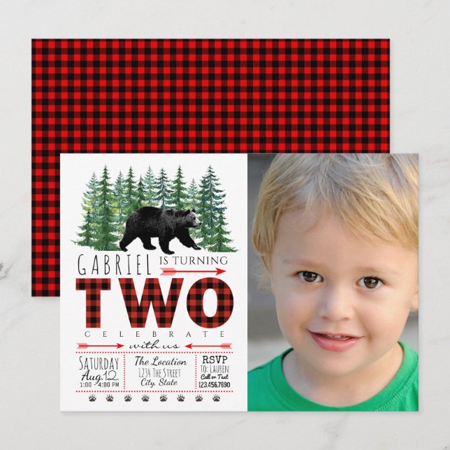 Invitación de cumpleaños número 2 con foto de oso  (Anverso / Reverso)