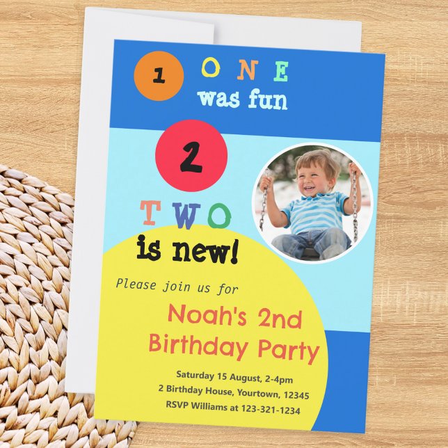 Invitación de cumpleaños número 2 con foto persona (A colorful invitation to a 2nd birthday party. Personalize with a photo and details of the event)