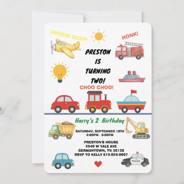 Invitación de cumpleaños número 2 con transporte e (Anverso)