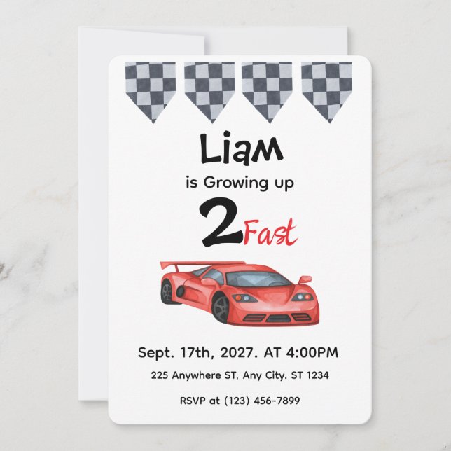 Invitación de cumpleaños número 2 de coche de carr (Anverso)