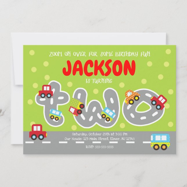 Invitación de cumpleaños número 2 de coches de tra (Anverso)
