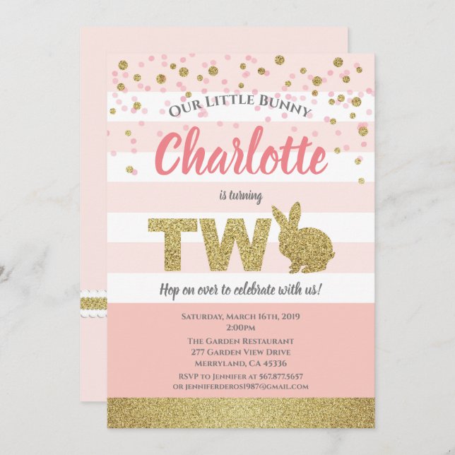 Invitación de cumpleaños número 2 de conejita rosa (Anverso / Reverso)