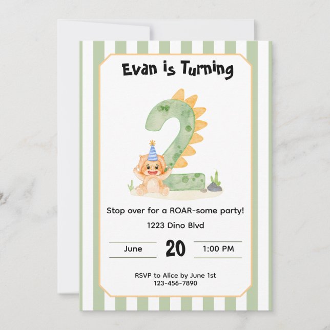 Invitación de cumpleaños número 2 de dinosaurio ed (Anverso)