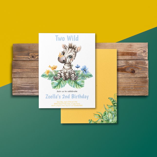 Invitación de cumpleaños número 2 de Dos Cebras Sa (Safari Jungle Watercolor Zebra Yellow Blue Flowers Greenery Birthday Invitation)