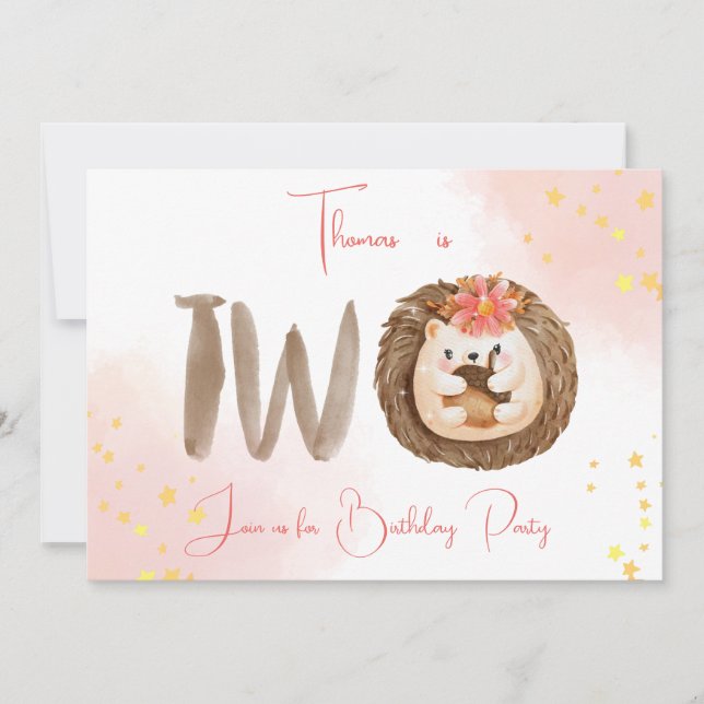 Invitación de cumpleaños número 2 de erizo acuarel (Anverso)