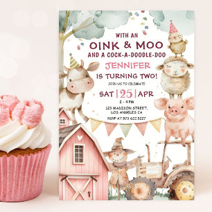 Invitación de cumpleaños número 2 de granja rosa p