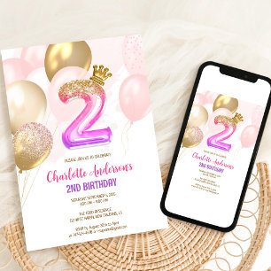 Invitación de cumpleaños número 2 de niña con glob