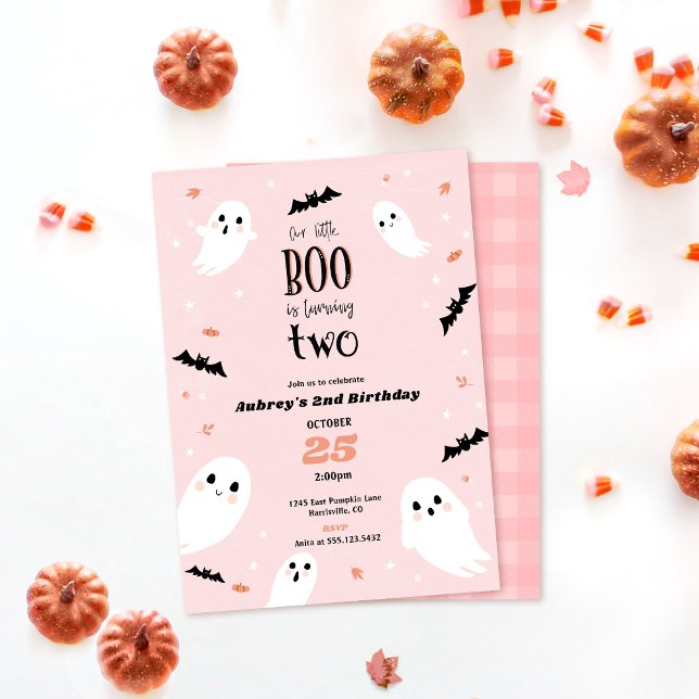 Invitación de cumpleaños número 2 de Our Little Bo (Little boo 2nd birthday halloween invitation. Pink pastel design mockup shown with plaid back side. )
