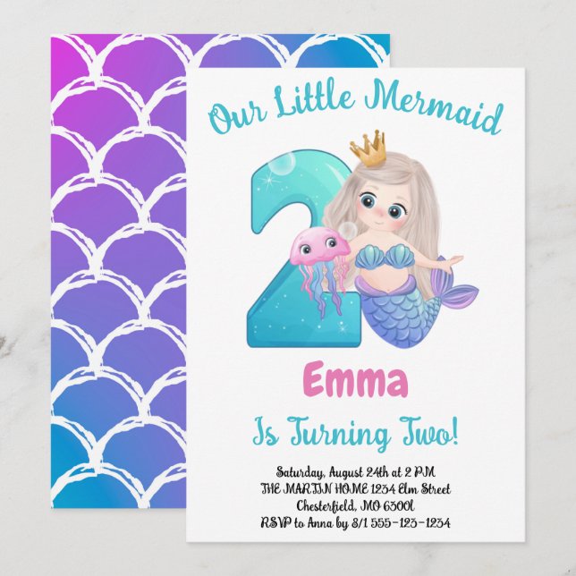 Invitación de cumpleaños número 2 de sirena (Anverso / Reverso)