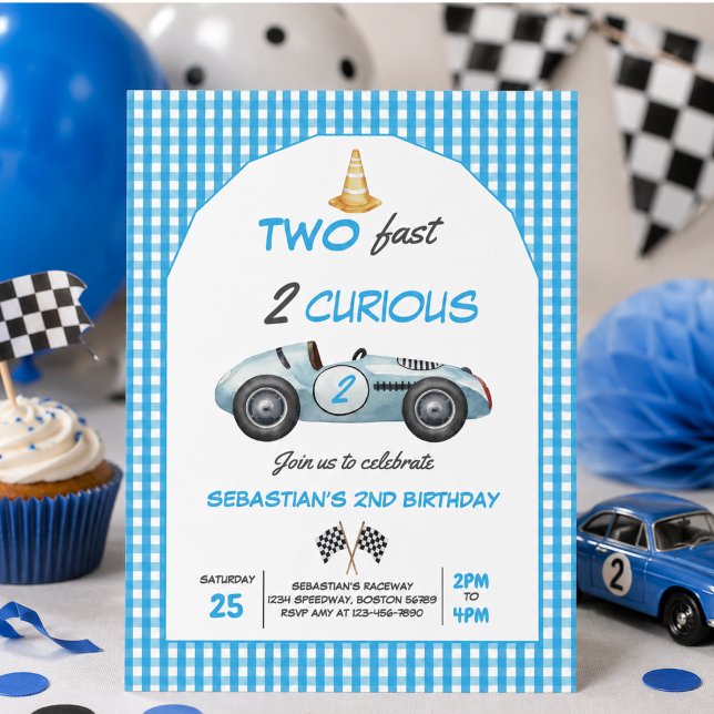 Invitación de cumpleaños número 2 de 'Two Fast Blu (Two Fast Blue Race Car 2nd Birthday Invitation)