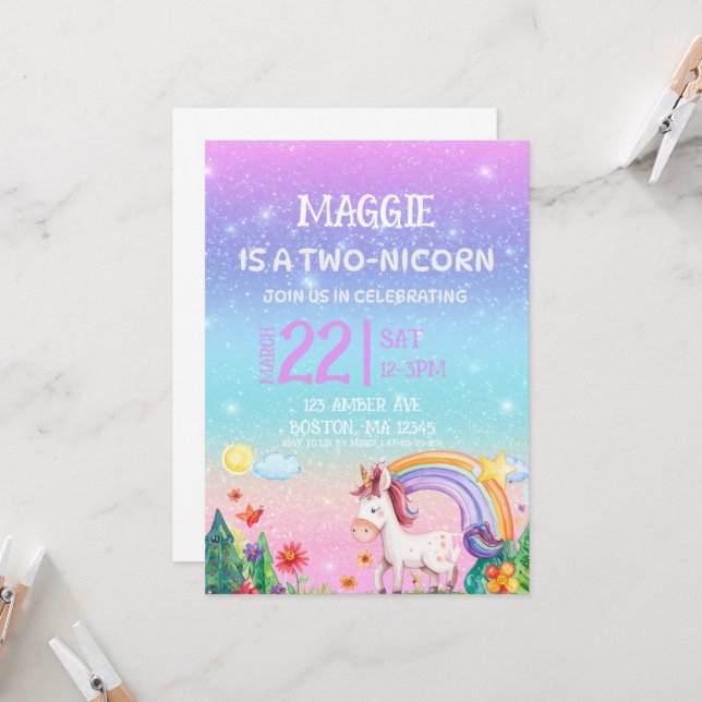 invitación de cumpleaños número 2 de TWO-NICORN  (Anverso/Reverso In Situ)