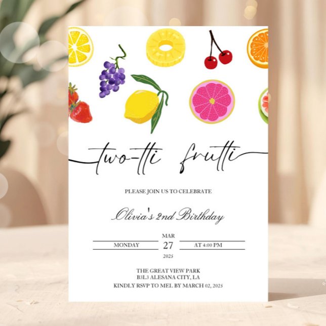 Invitación de cumpleaños número 2 de Twotti Frutti (Minimalist 2nd Birthday Invite TWOtti Frutti Second Birthday Invitation Two Twotti fruity Tropical S)