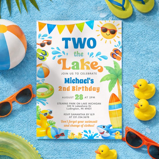 Invitación de cumpleaños número 2 de verano - Dos  (Boy 2nd Birthday Invitation - Two the Lake - Summer Party)