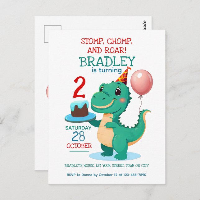 Invitación de cumpleaños número 2 del dinosaurio T (Anverso / Reverso)