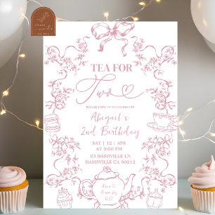 Invitación de cumpleaños número 2 para té rosa par