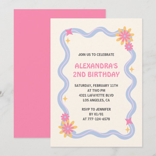 invitación de cumpleaños número 2 Retro Groovy Flo (Anverso / Reverso)