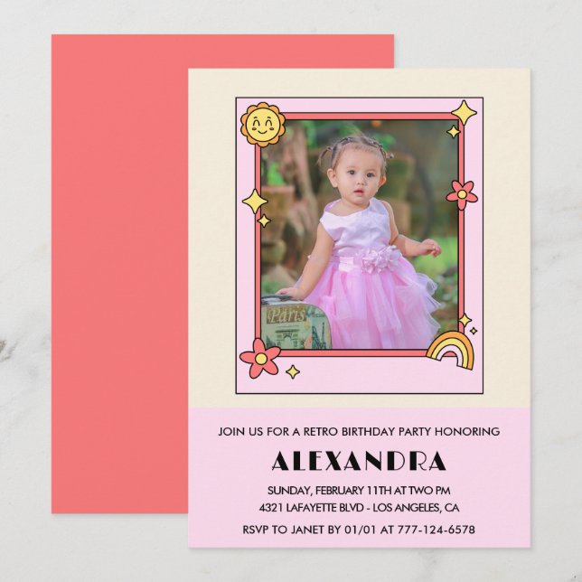 invitación de cumpleaños número 2 Retro Groovy Flo (Anverso / Reverso)
