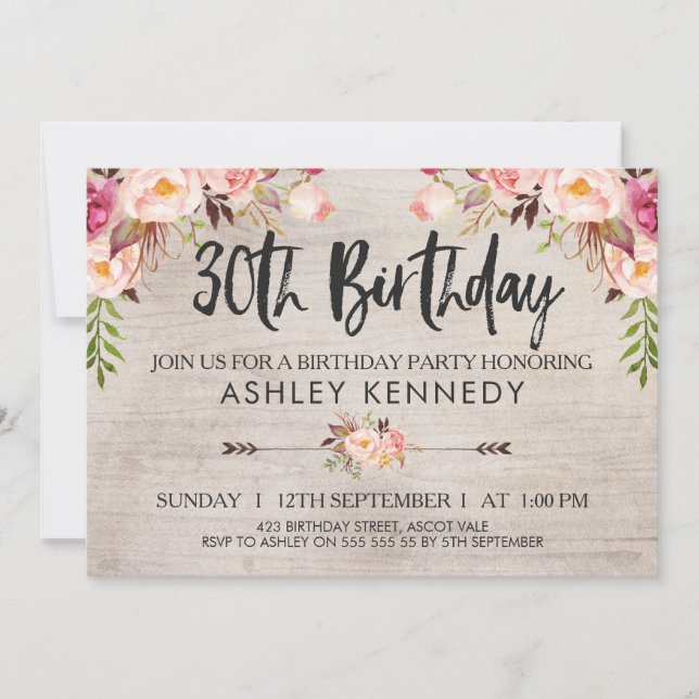 Invitación de cumpleaños número 30 a la floral rús (Anverso)