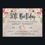 Invitación de cumpleaños número 30 a la floral rús<br><div class="desc">Invitación de cumpleaños número 30 a la floral rústica Boho ¿Busca una invitación de boho floral o tribal por el 30 aniversario? Este diseño presenta tres arreglos florales y dos flechas sobre un fondo de granos de madera acuarela. También he añadido un texto moderno de caligrafía de pincel para el...</div>