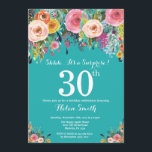 Invitación de cumpleaños número 30 a la sorpresa f<br><div class="desc">Verde azulada invitación de cumpleaños número 30 para mujeres. Flor floral acuarela. Fondo Verde azulado Aqua Turquesa. Rosa, Amarillo, Naranja, Flor Púrpura. Cumpleaños de adultos. 13. 15. 16. 18. 20. 21. 30. 40. 50. 60. 70. 80. 90. 100. Cualquier edad. Para más personalización, haga clic en el botón "Personalizar" y...</div>