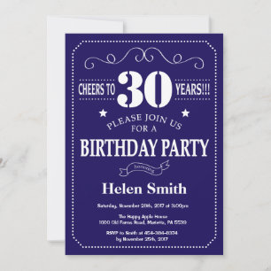 Invitación de cumpleaños número 30 azul marino y b
