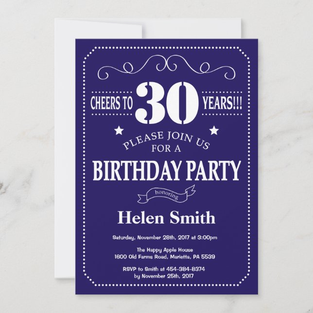 Invitación de cumpleaños número 30 azul marino y b (Anverso)