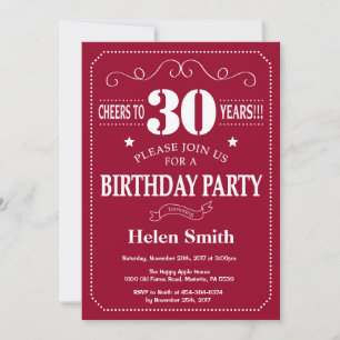 Invitación de cumpleaños número 30 Burgundy Rojo y
