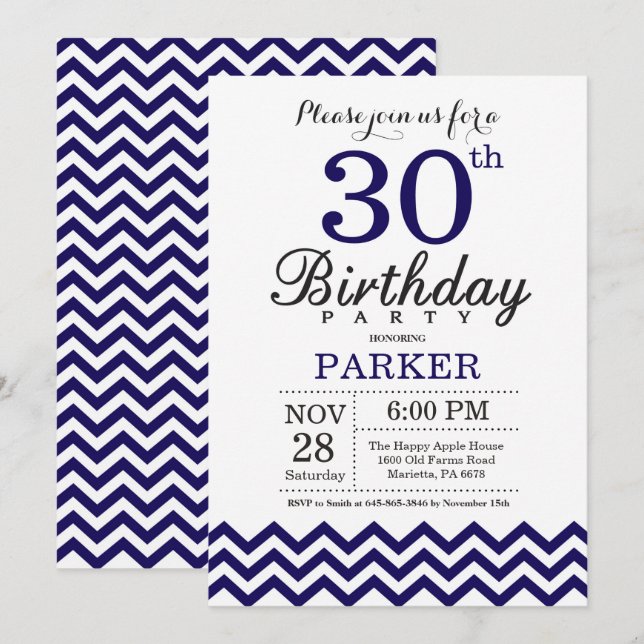 Invitación de cumpleaños número 30 Chevron azul ma (Anverso / Reverso)