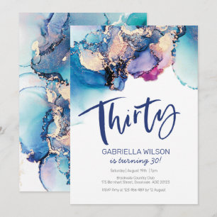 Invitación de cumpleaños número 30 color de agua a