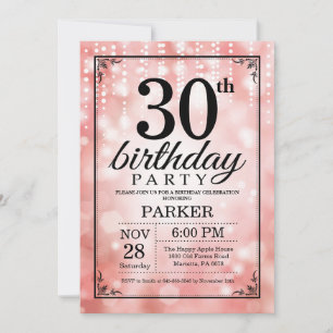 Invitación de cumpleaños número 30 con brillo rosa