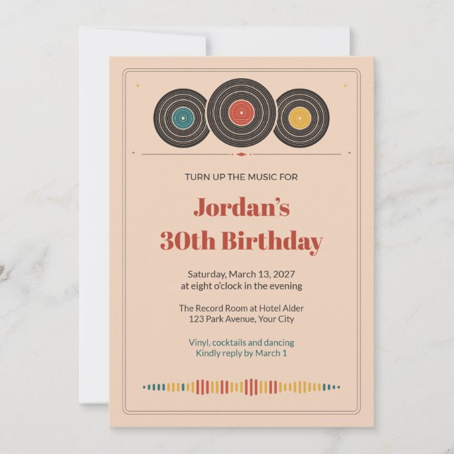 Invitación de cumpleaños número 30 con disco de vi (Anverso)